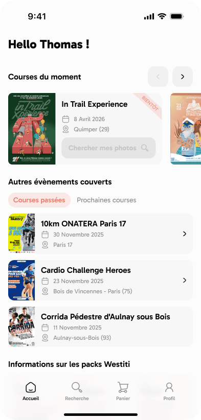 Écran d'accueil de l'app Westiti pour les coureurs et coureuses